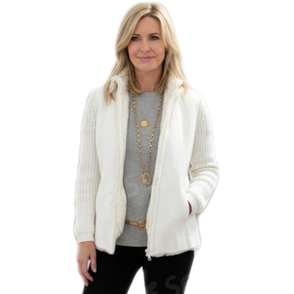 Sweater Womens Full Zip Jacket Cream Rib Knit Sleeves Sherpa Lined Size Small